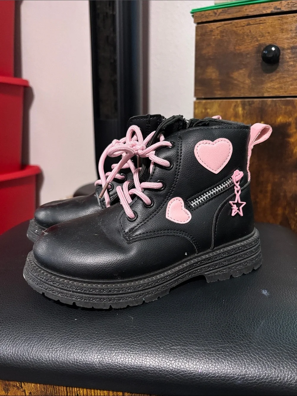 Kids Black and Pink Heart Combat Boots